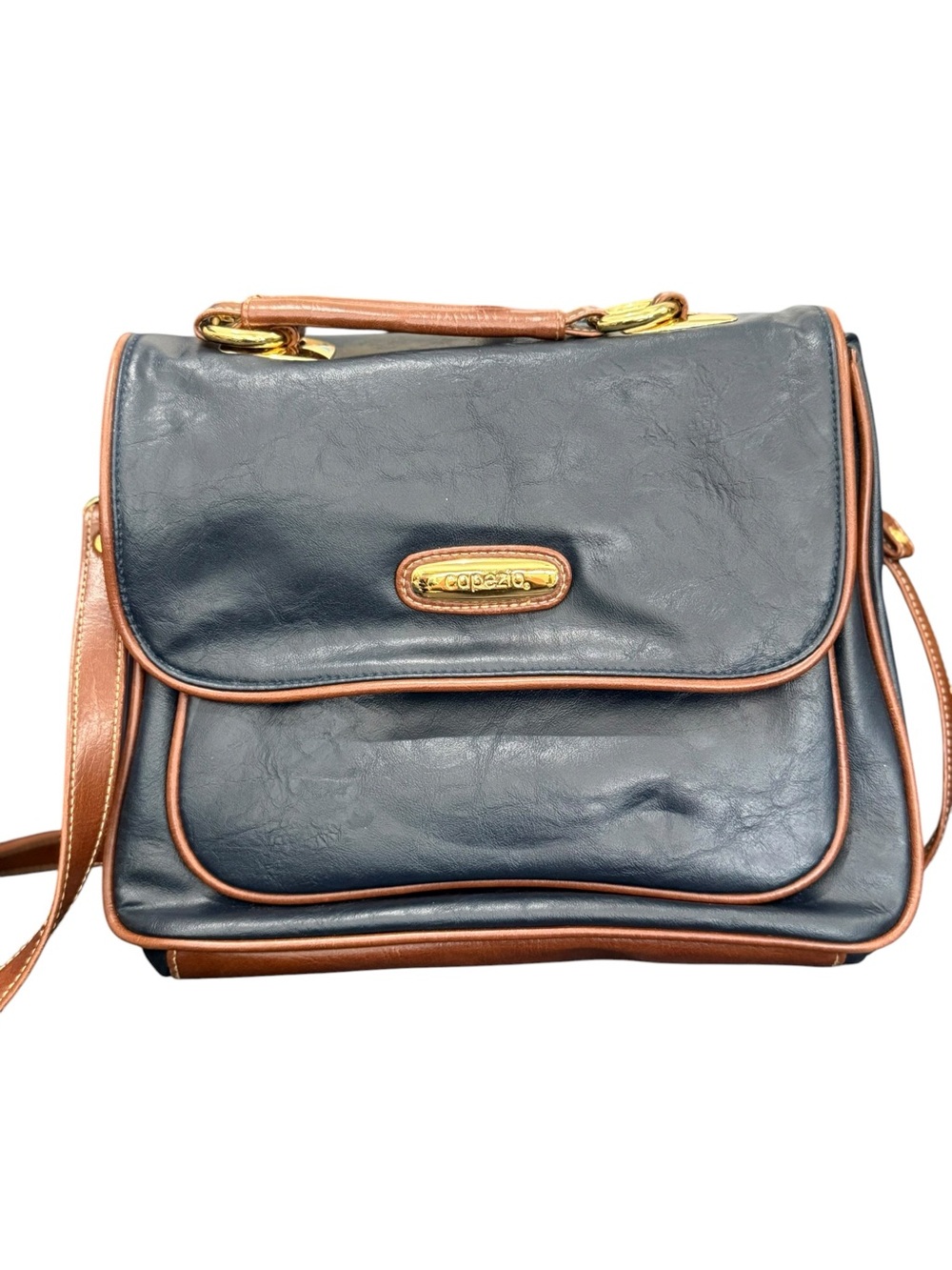 Capezio Navy and Brown Leather Satchel with Gold Accents